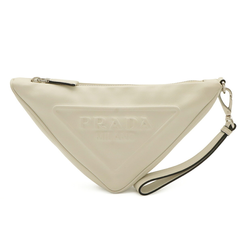 PRADA Triangle Clutch Bag Wristlet Pouch Handbag Leather Ivory White 1NE039